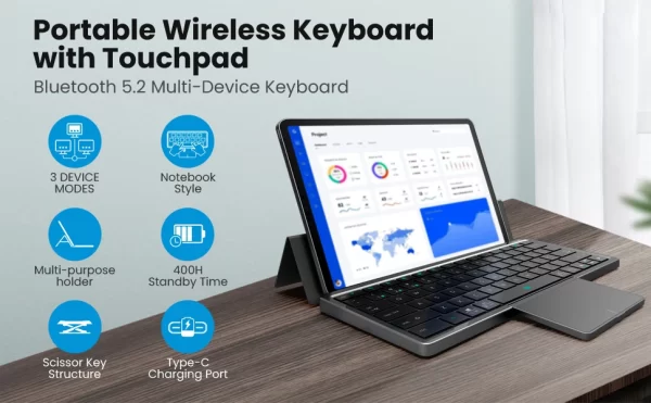 Wireless Keyboard Multi-Device Bluetooth with Touchpad Removable  Cover Foldable Stand Rechargeable for Windows Android iOS Tabl - Image 10