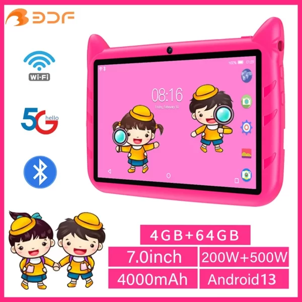 BDF 7 Inch Kid Tablet Android 13, 4GB RAM 64GB ROM,1TB Expand,5G WiFi,4000MAH Battery,Dual Camera, Children's Gift Kids Software