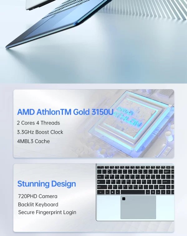 Laptop 15.6 inch AMD-3150U Fingerprint Unlock 32GB DDR4 2TB SSD 3.3GHz Backlit Keypad HD Camera Slim Portability Computer - Image 10