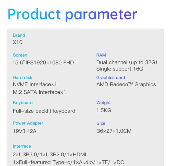 Laptop 15.6 inch AMD-3150U Fingerprint Unlock 32GB DDR4 2TB SSD 3.3GHz Backlit Keypad HD Camera Slim Portability Computer - Image 7