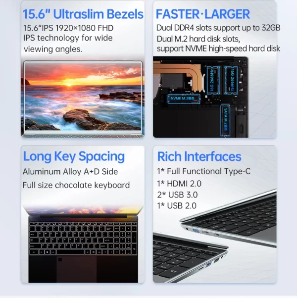 Laptop 15.6 inch AMD-3150U Fingerprint Unlock 32GB DDR4 2TB SSD 3.3GHz Backlit Keypad HD Camera Slim Portability Computer - Image 11