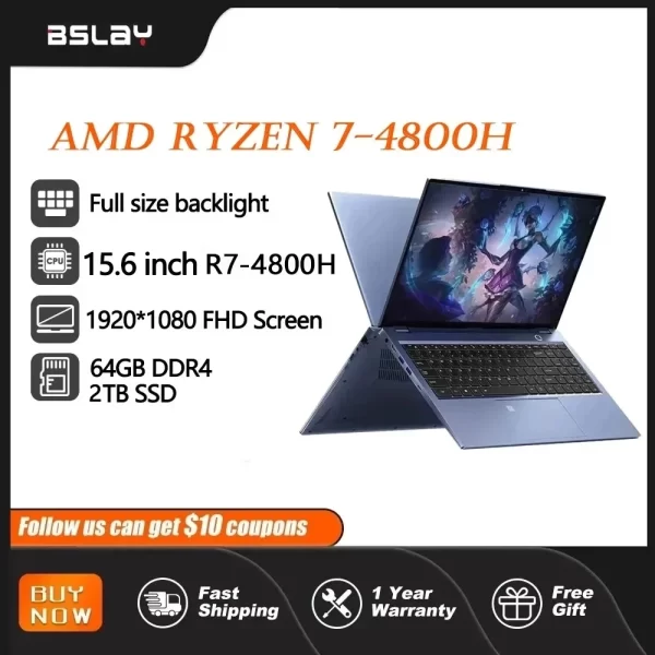 AMD R7 4800H 15.6 Inch Gaming Laptop 64GB Backlit Keypad DDR4 2TB SSD 8 Core 16 Threads Fingerprint Unlock Windows 11 Computer