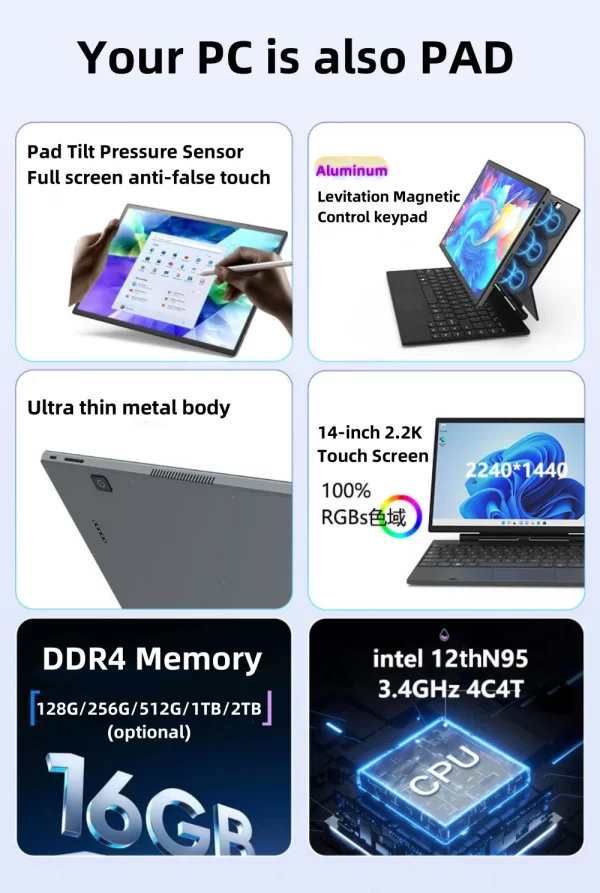 PC+PAD Intel® N95 UHD Graphics 14.0inch 2.2K 2240 x1440 Windows 11 Ram 16GB Rom 512GB SSD Computer Wi-fi BT Gaming Laptop - Image 7