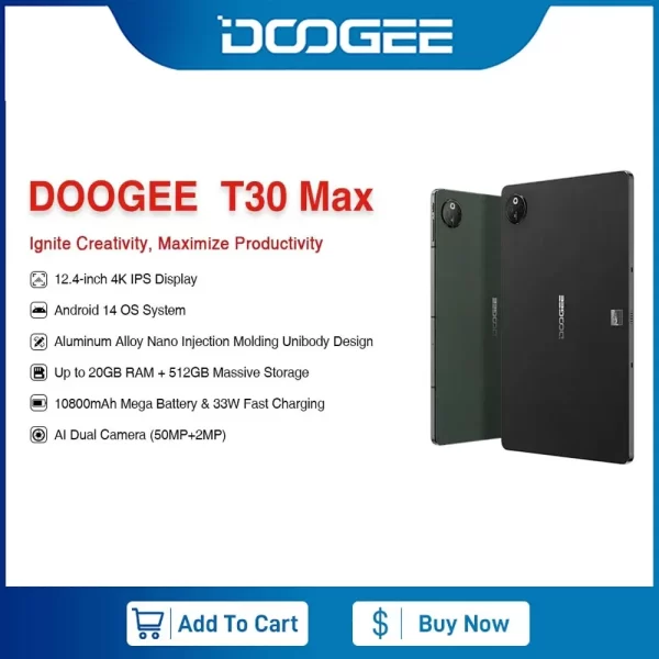 DOOGEE T30 Max Tablet Android 14 12.4" 4K 20GB(8+12) 512GB 50MP Dual Camera Aluminum Alloy Nano Unibody 10800mAh 33W Fast Change