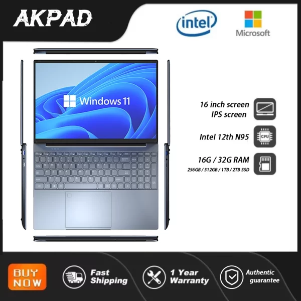 Max Support  32GB Gaming Laptops Windows 11 Computer Office Notebooks Netbook 16 Inch 12th Gen Intel Alder N95  WiFi Camera 2MP