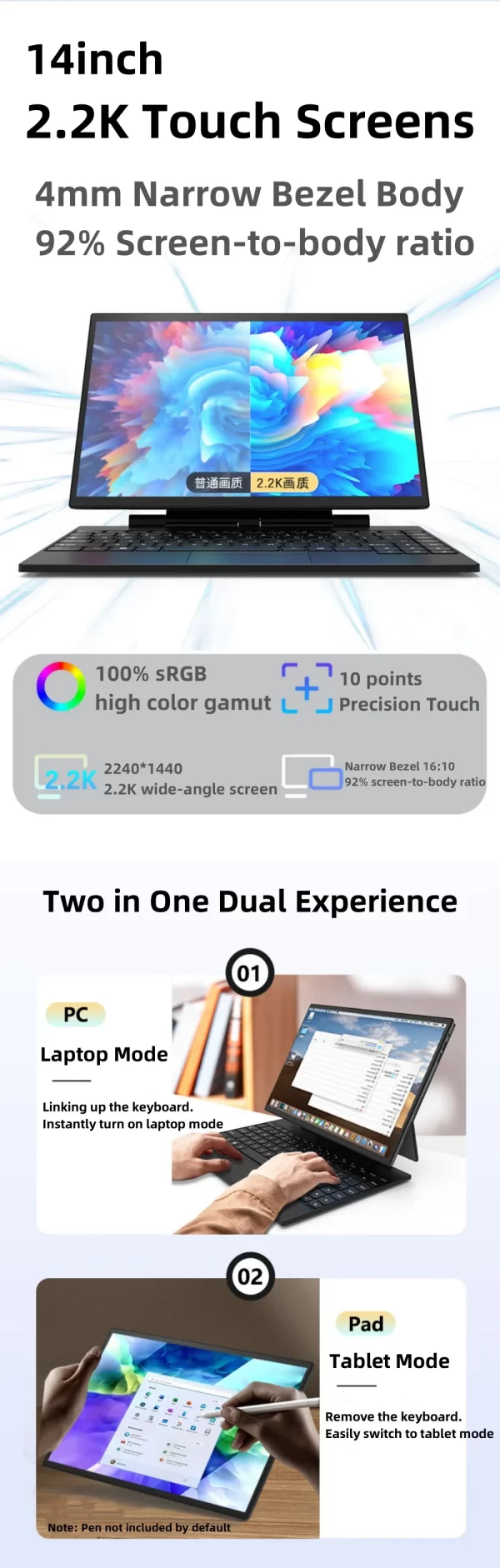 PC+PAD Intel® N95 UHD Graphics 14.0inch 2.2K 2240 x1440 Windows 11 Ram 16GB Rom 512GB SSD Computer Wi-fi BT Gaming Laptop - Image 10